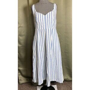 Old Navy Linen Blend Blue White Stripe Strappy Smocked Back Midi Dress Large